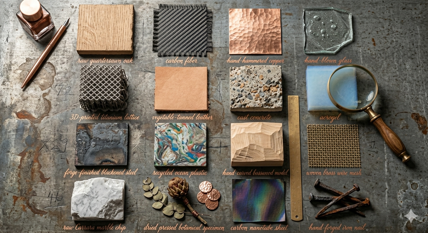 A selection of the materials used across Studio Di Palma projects — leather, bronze, hardwood, carbon fibre and natural textiles.